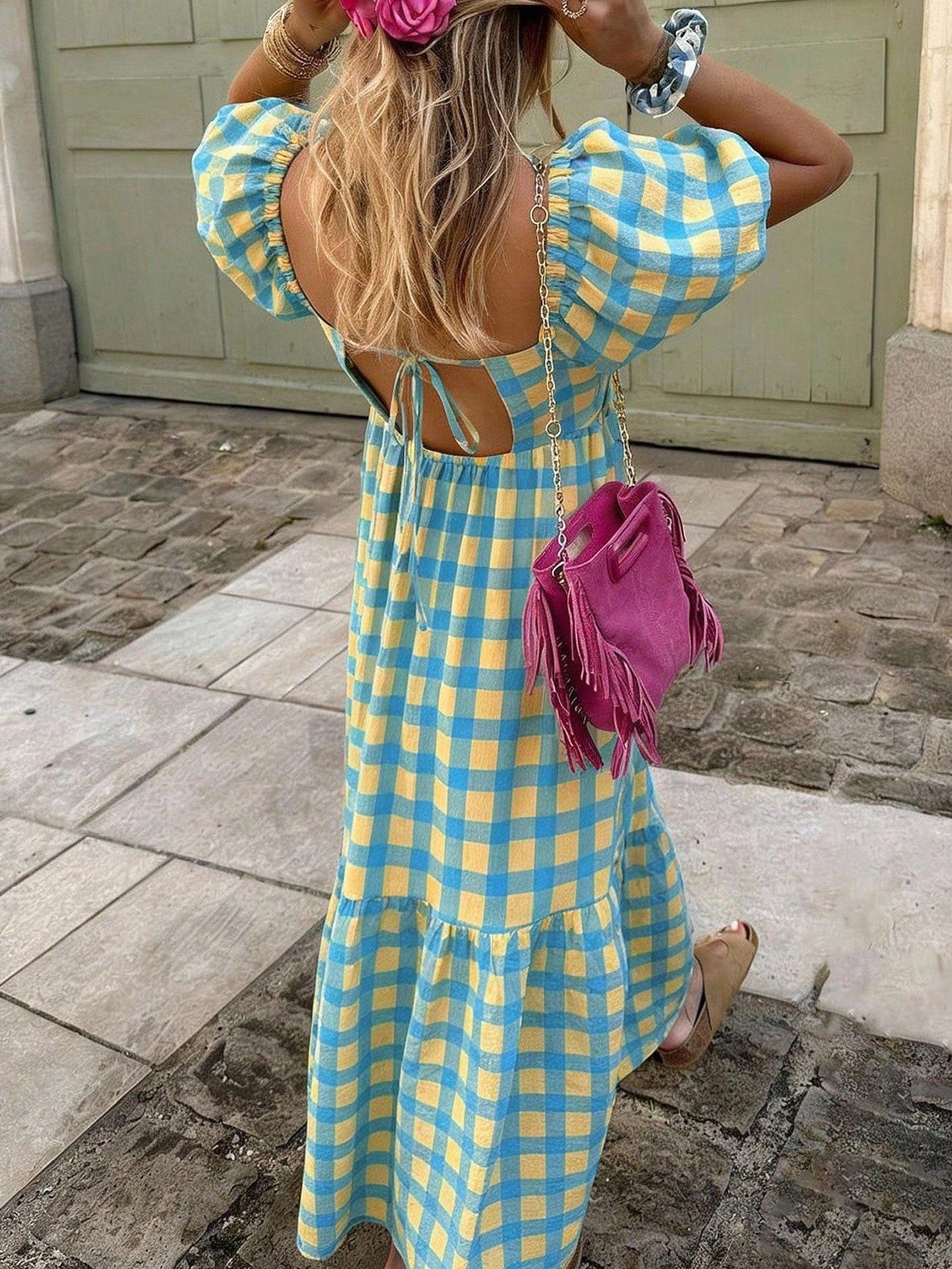 Flora Isola Flora Isola Women's Plaid Square Neck Puff Sleeve Maxi Dress,Retro Bohemian Style Blue And Yellow,Summer,Casual,Holiday,Vacation,Holiday For Daily Outings