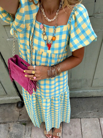 Flora Isola Flora Isola Women's Plaid Square Neck Puff Sleeve Maxi Dress,Retro Bohemian Style Blue And Yellow,Summer,Casual,Holiday,Vacation,Holiday For Daily Outings