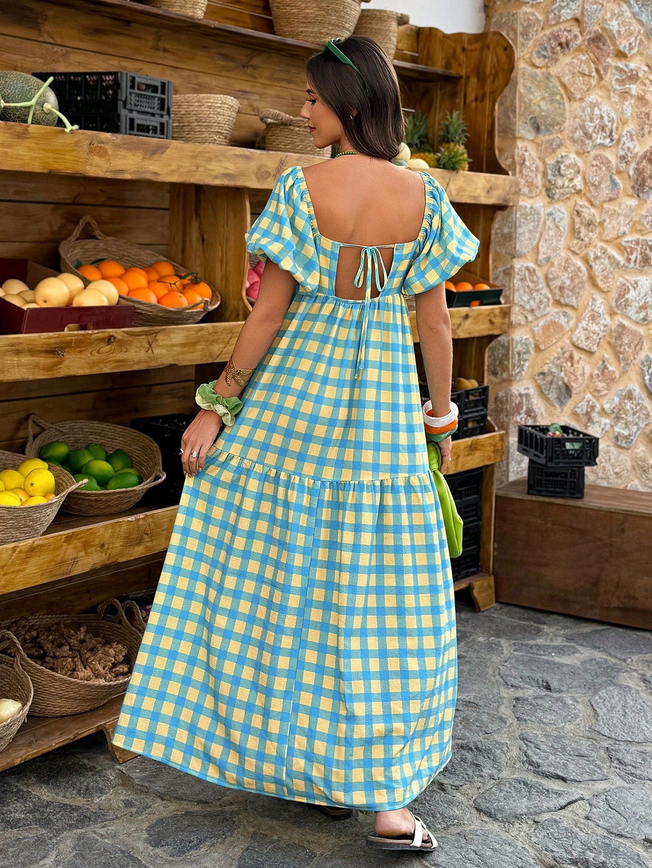 Flora Isola Flora Isola Women's Plaid Square Neck Puff Sleeve Maxi Dress,Retro Bohemian Style Blue And Yellow,Summer,Casual,Holiday,Vacation,Holiday For Daily Outings
