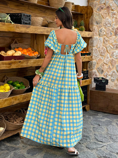 Flora Isola Flora Isola Women's Plaid Square Neck Puff Sleeve Maxi Dress,Retro Bohemian Style Blue And Yellow,Summer,Casual,Holiday,Vacation,Holiday For Daily Outings