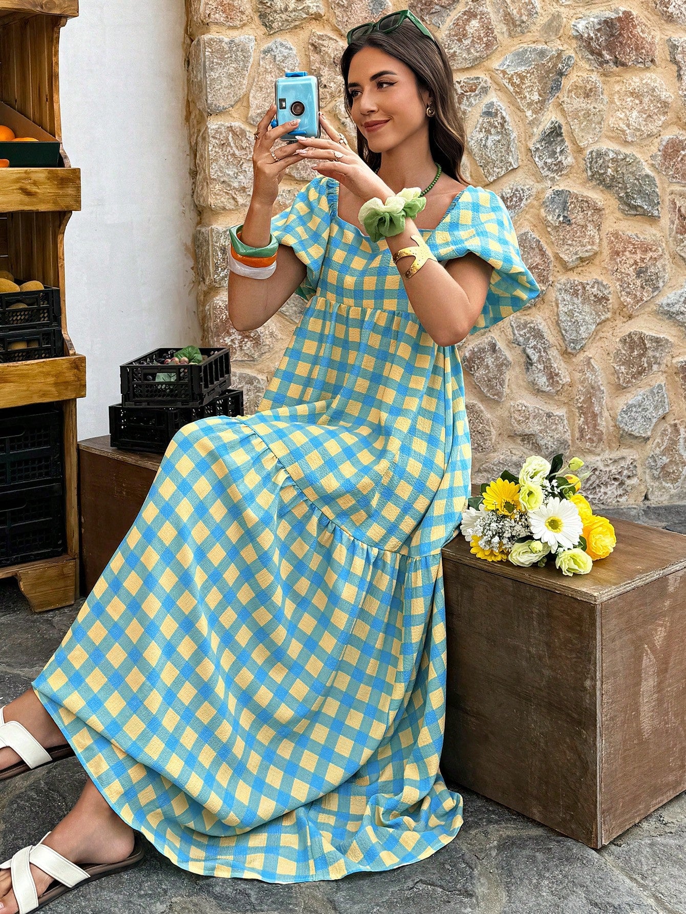 Flora Isola Flora Isola Women's Plaid Square Neck Puff Sleeve Maxi Dress,Retro Bohemian Style Blue And Yellow,Summer,Casual,Holiday,Vacation,Holiday For Daily Outings
