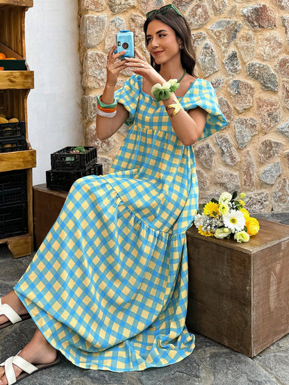 Flora Isola Flora Isola Women's Plaid Square Neck Puff Sleeve Maxi Dress,Retro Bohemian Style Blue And Yellow,Summer,Casual,Holiday,Vacation,Holiday For Daily Outings