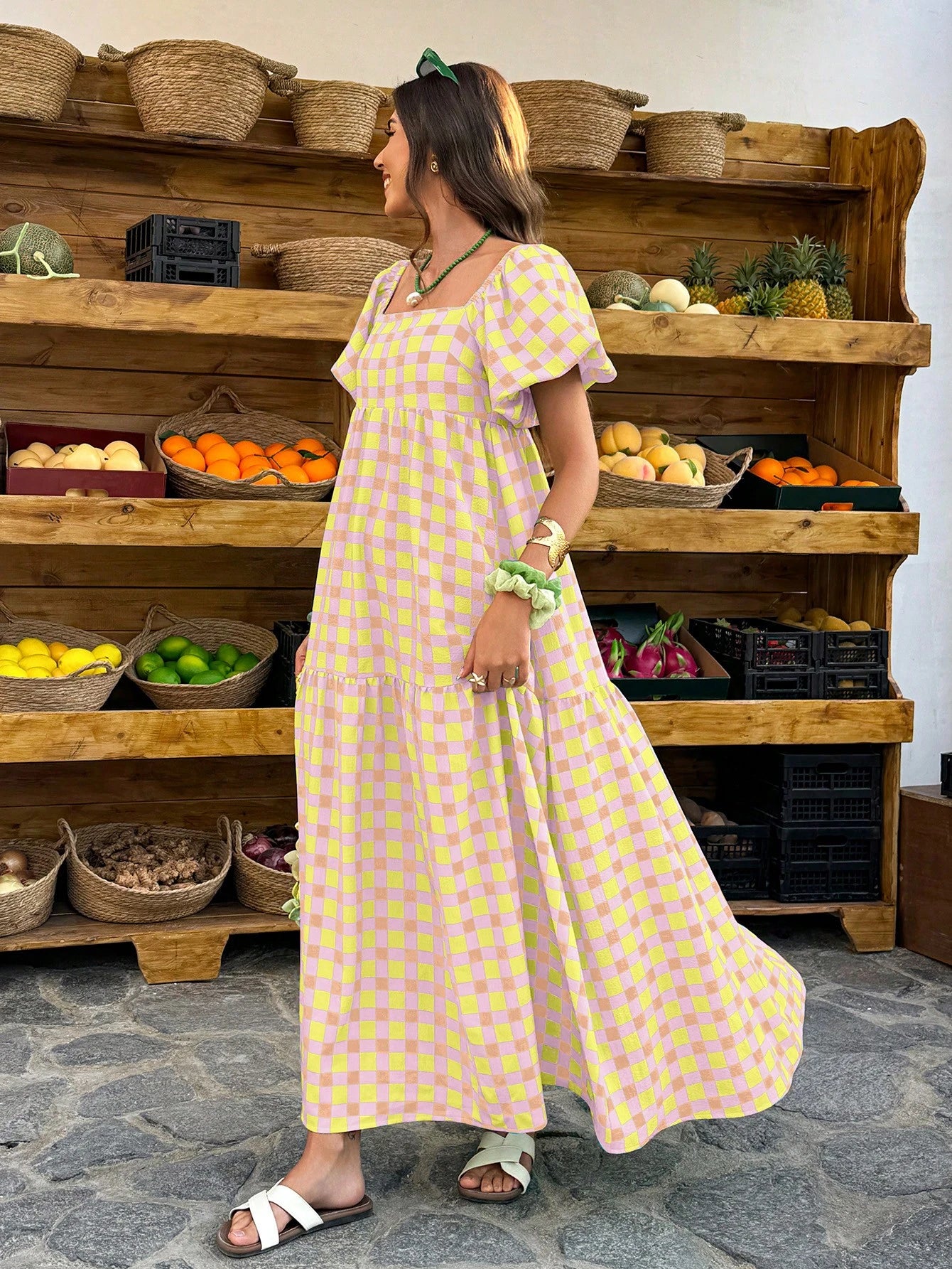 Flora Isola Flora Isola Women's Plaid Square Neck Puff Sleeve Maxi Dress,Retro Bohemian Style Blue And Yellow,Summer,Casual,Holiday,Vacation,Holiday For Daily Outings