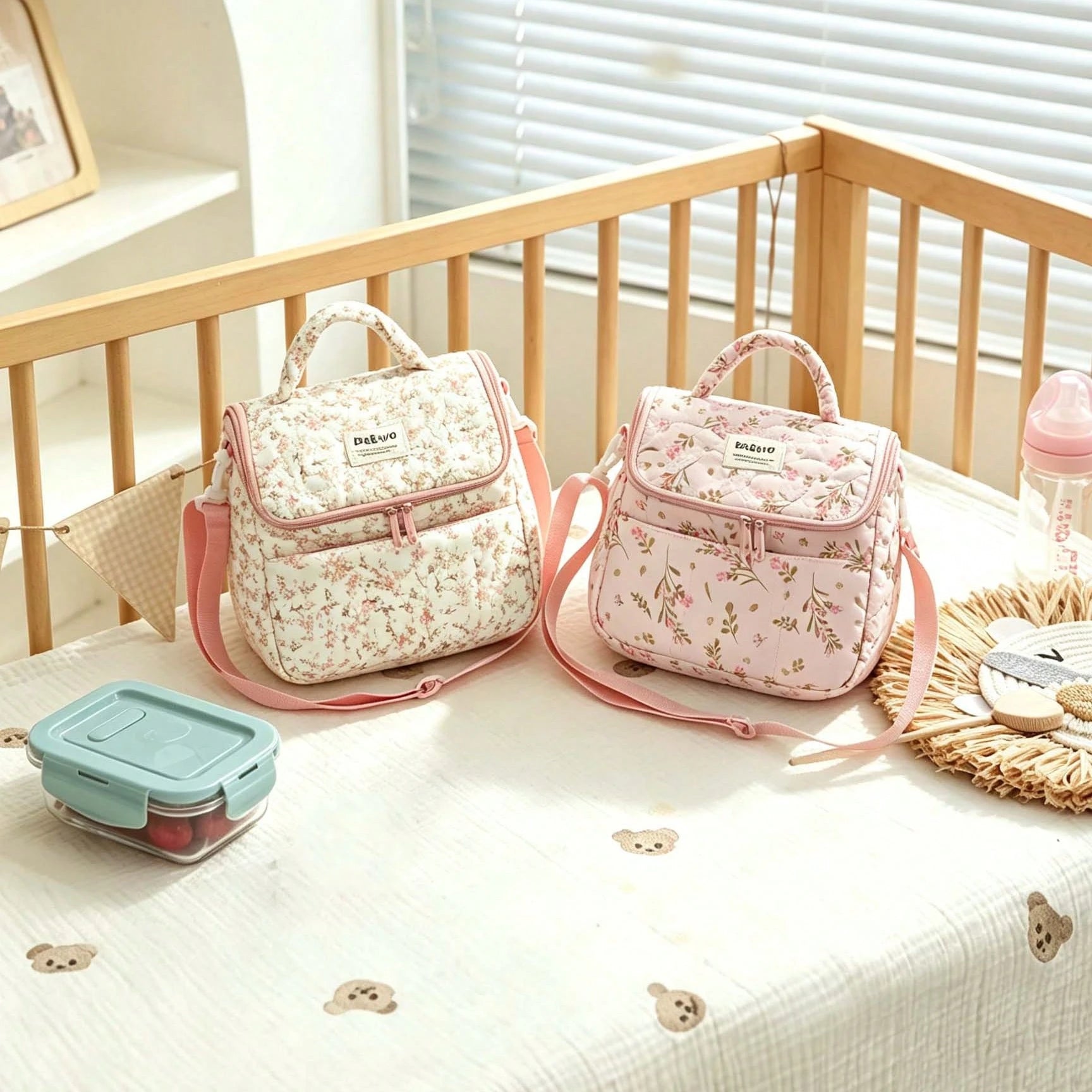 Floral Diaper Bag Breastmilk Cooler Bag For Boys And Girls,Quilted Lunch Bag Insulated Baby Bag With Long Shoulder Strap,Baby Essential,Back To School