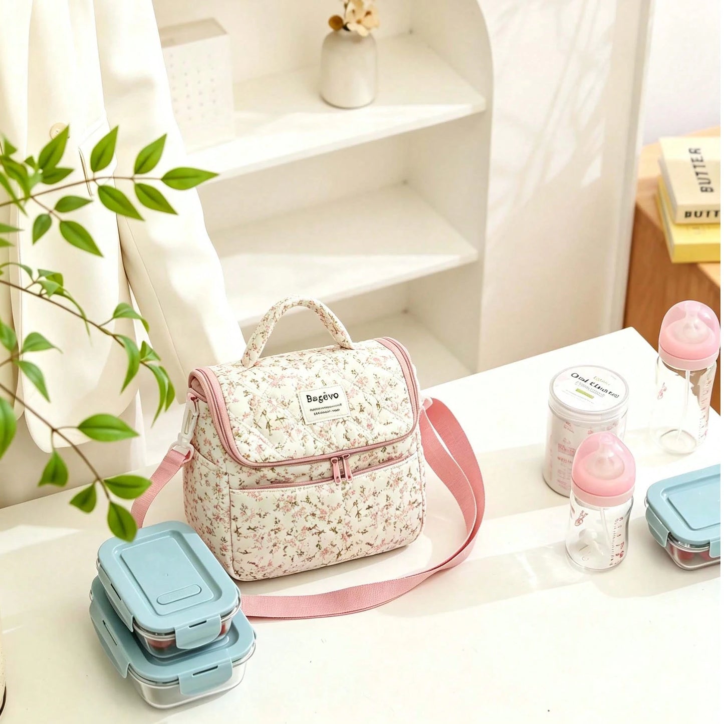 Floral Diaper Bag Breastmilk Cooler Bag For Boys And Girls,Quilted Lunch Bag Insulated Baby Bag With Long Shoulder Strap,Baby Essential,Back To School