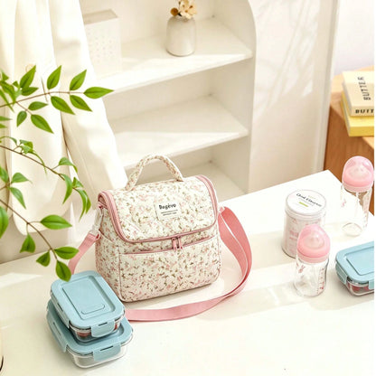 Floral Diaper Bag Breastmilk Cooler Bag For Boys And Girls,Quilted Lunch Bag Insulated Baby Bag With Long Shoulder Strap,Baby Essential,Back To School