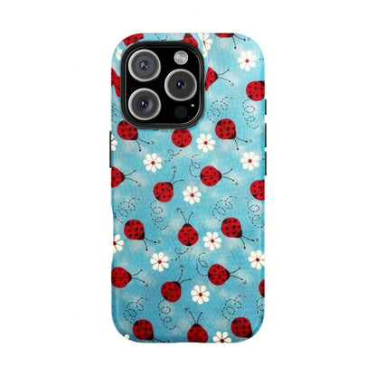 Floral Dot Ladybug Print Phone Case, Durable Two-In-One Protection, Fits 17 16 15 14 13 12 Pro, Galaxy S26 S25 S24 S23 S22 Ultra Series