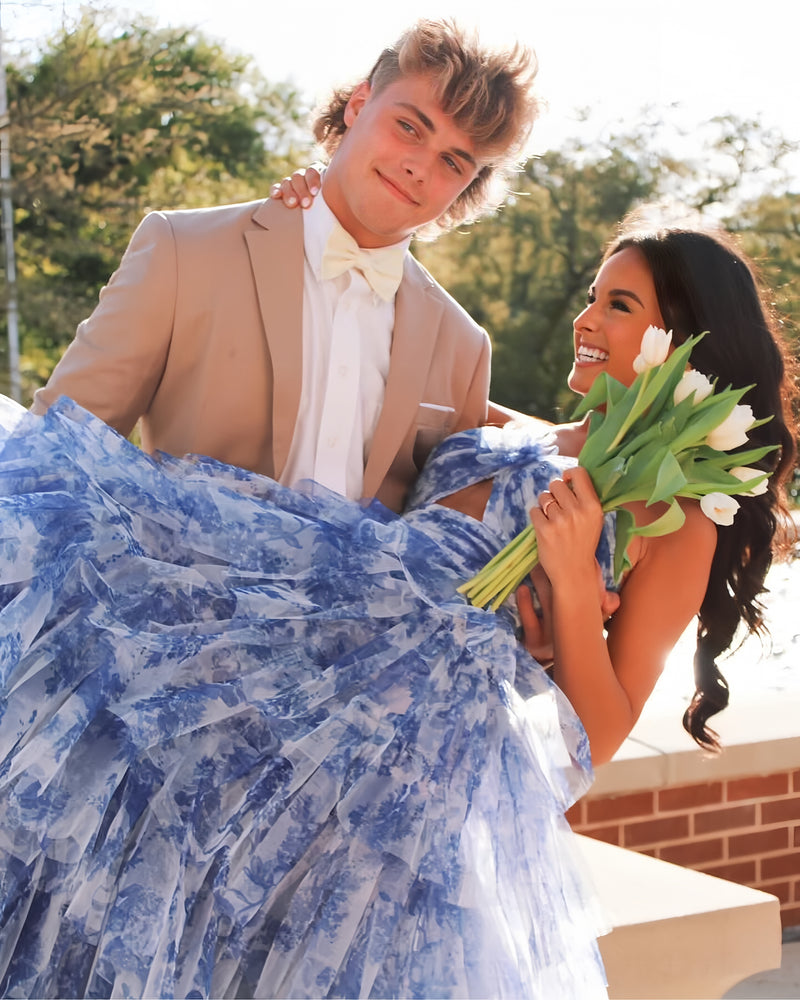 Floral Halter Ruffle Long Evening Prom Dress, AST1545