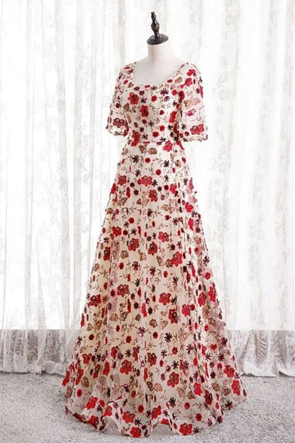 Floral Print Long Party Dress with Short Sleeves