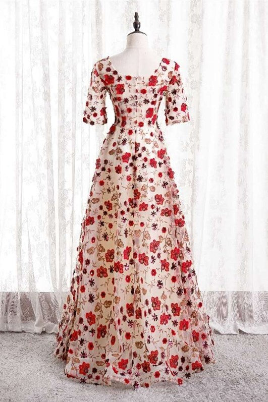 Floral Print Long Party Dress with Short Sleeves