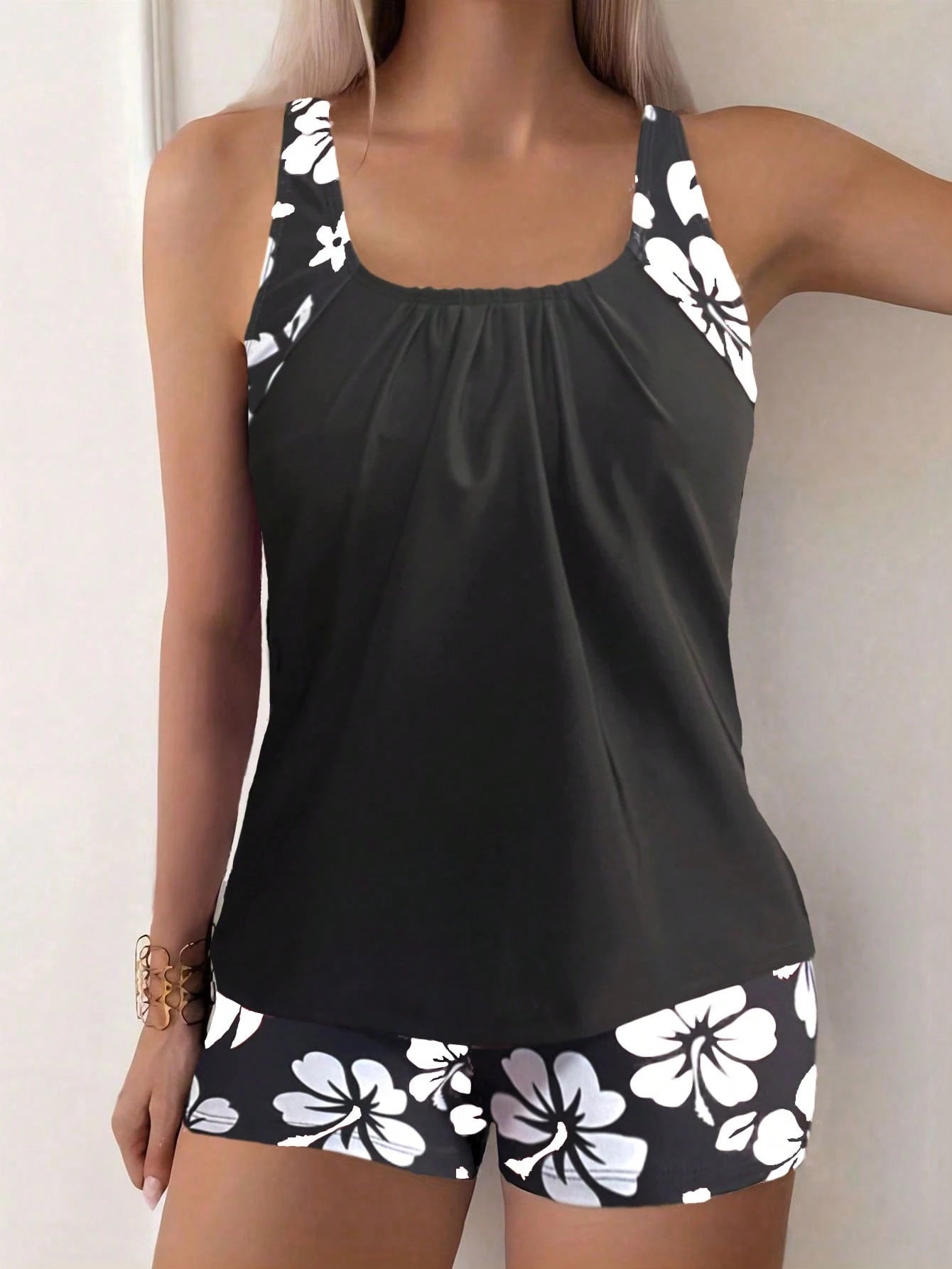 Floral Print Spaghetti Strap Backless Tankini Swimwear For Women, Casual Sexy Beach Outfit, Medium Stretch Vacation Black Summer