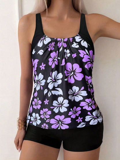Floral Print Spaghetti Strap Backless Tankini Swimwear For Women, Casual Sexy Beach Outfit, Medium Stretch Vacation Black Summer