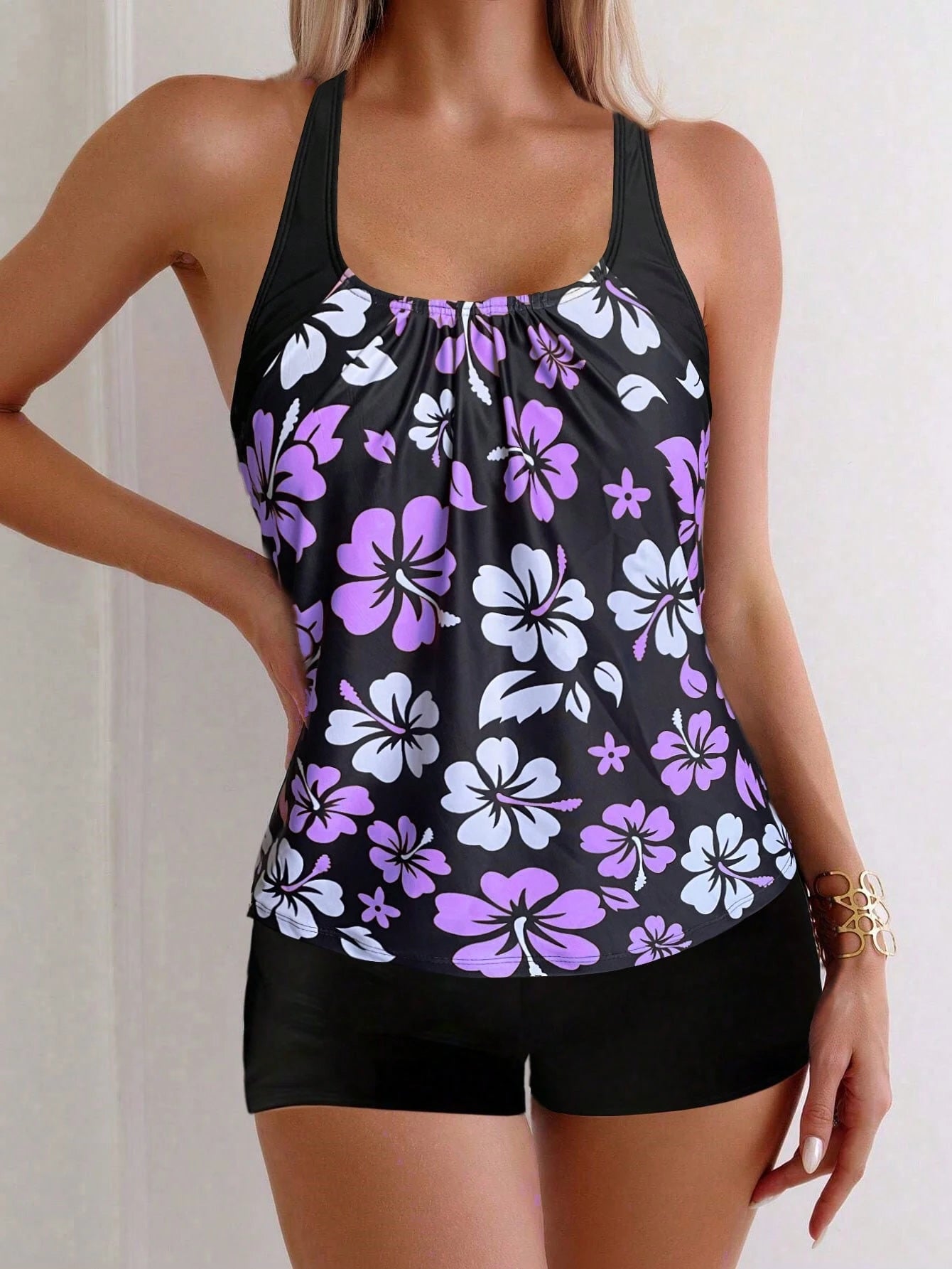 Floral Print Spaghetti Strap Backless Tankini Swimwear For Women, Casual Sexy Beach Outfit, Medium Stretch Vacation Black Summer