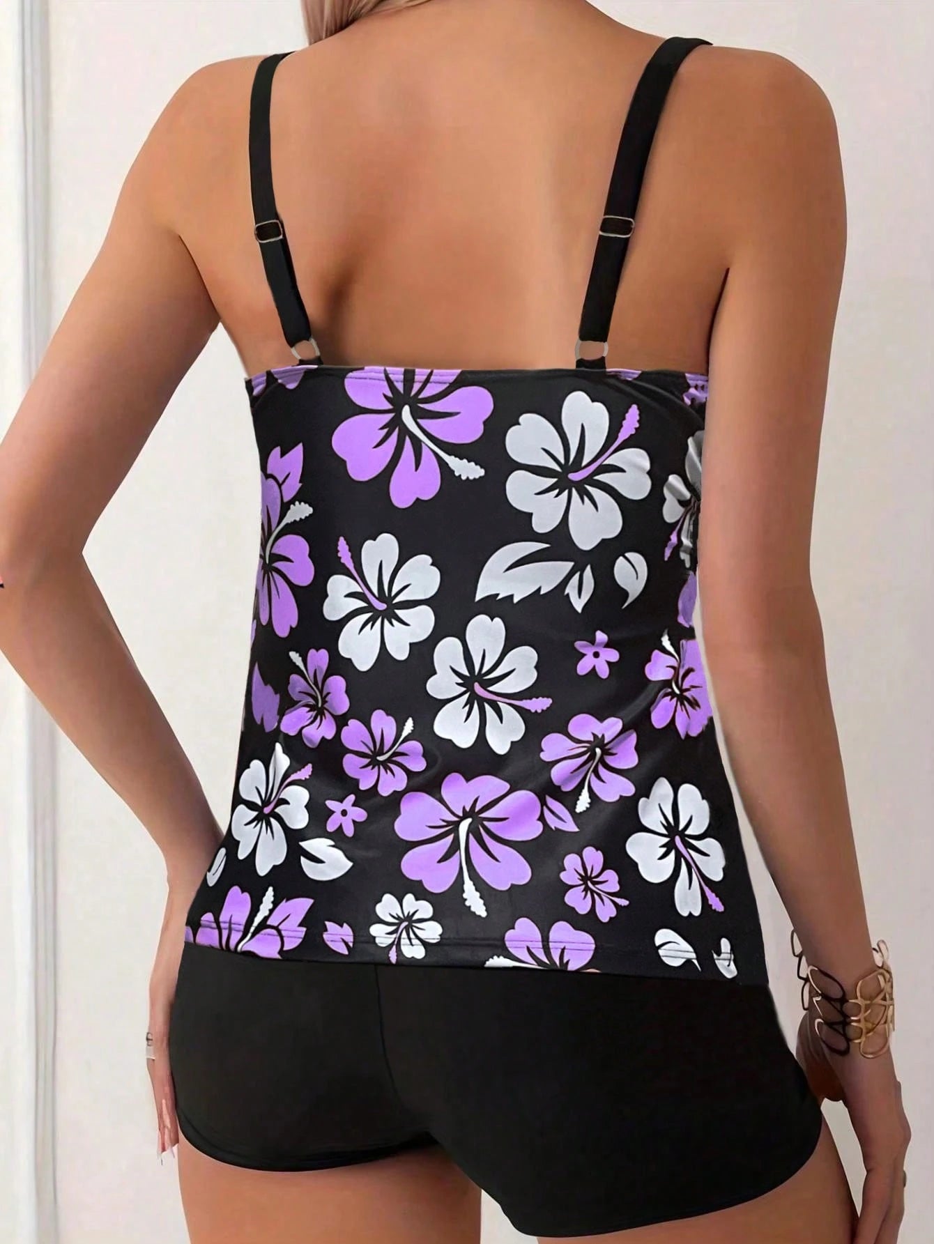 Floral Print Spaghetti Strap Backless Tankini Swimwear For Women, Casual Sexy Beach Outfit, Medium Stretch Vacation Black Summer