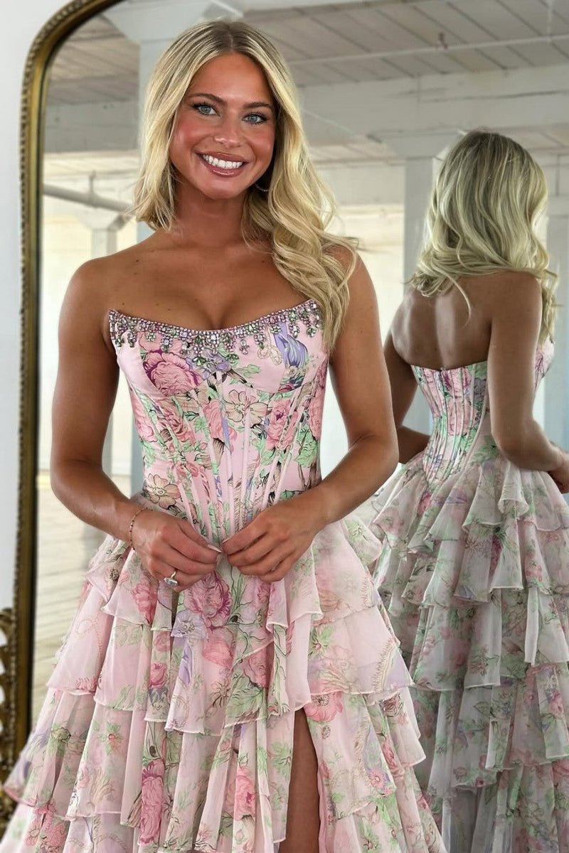 Floral Print Tiered Ruffle Prom Dress with Sparkle Corset Detail & Front Slit