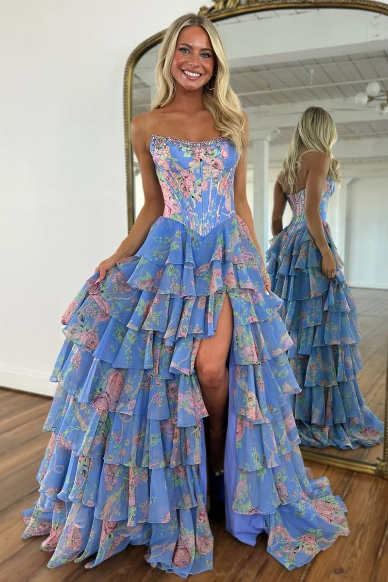 Floral Print Tiered Ruffle Prom Dress with Sparkle Corset Detail & Front Slit