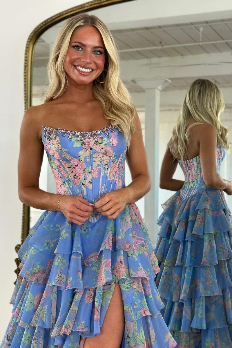 Floral Print Tiered Ruffle Prom Dress with Sparkle Corset Detail & Front Slit