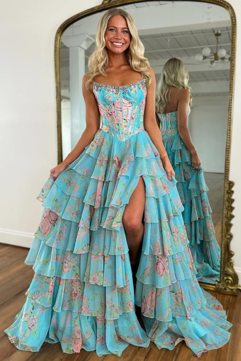 Floral Print Tiered Ruffle Prom Dress with Sparkle Corset Detail & Front Slit