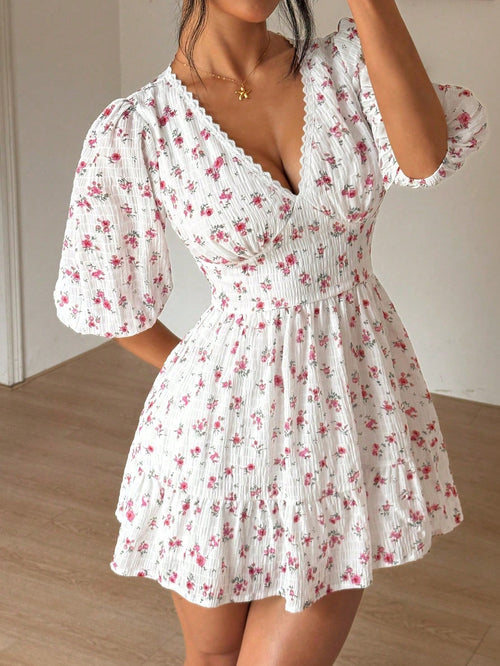 Floral Print V-Neck Ruffle Patchwork Waist Pleated Hem Long Sleeve Dress, Romantic Vacation Style, Spring/Summer