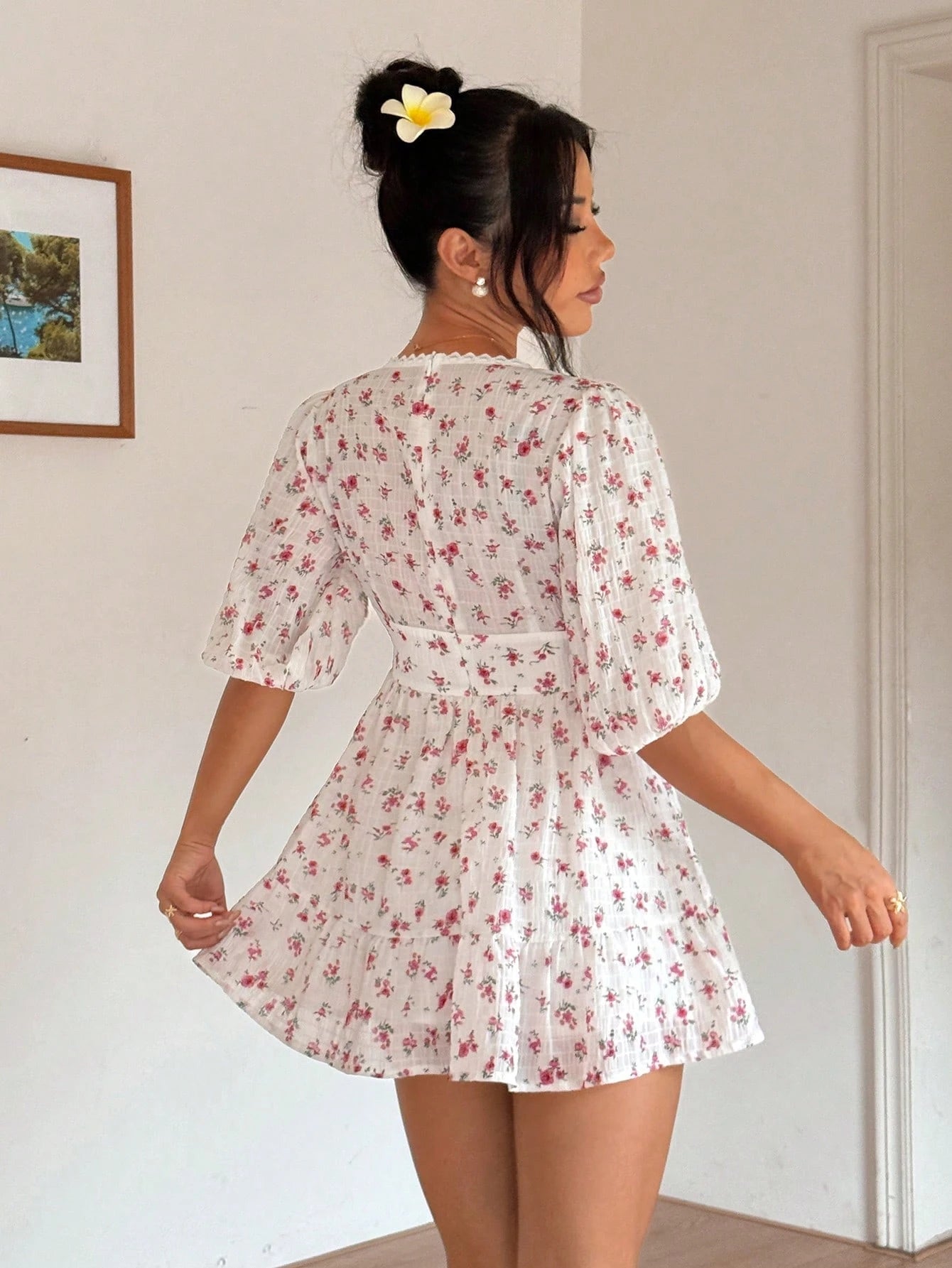 Floral Print V-Neck Ruffle Patchwork Waist Pleated Hem Long Sleeve Dress, Romantic Vacation Style, Spring/Summer