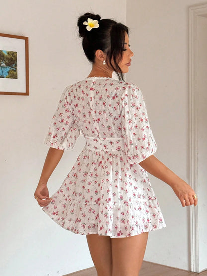 Floral Print V-Neck Ruffle Patchwork Waist Pleated Hem Long Sleeve Dress, Romantic Vacation Style, Spring/Summer