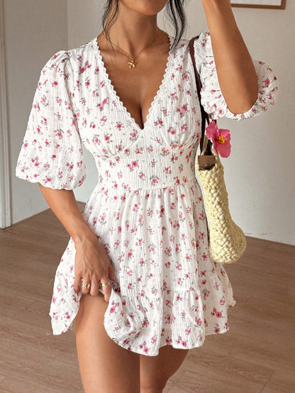 Floral Print V-Neck Ruffle Patchwork Waist Pleated Hem Long Sleeve Dress, Romantic Vacation Style, Spring/Summer
