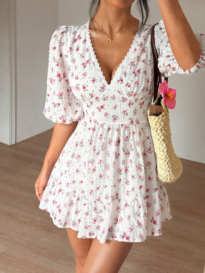 Floral Print V-Neck Ruffle Patchwork Waist Pleated Hem Long Sleeve Dress, Romantic Vacation Style, Spring/Summer