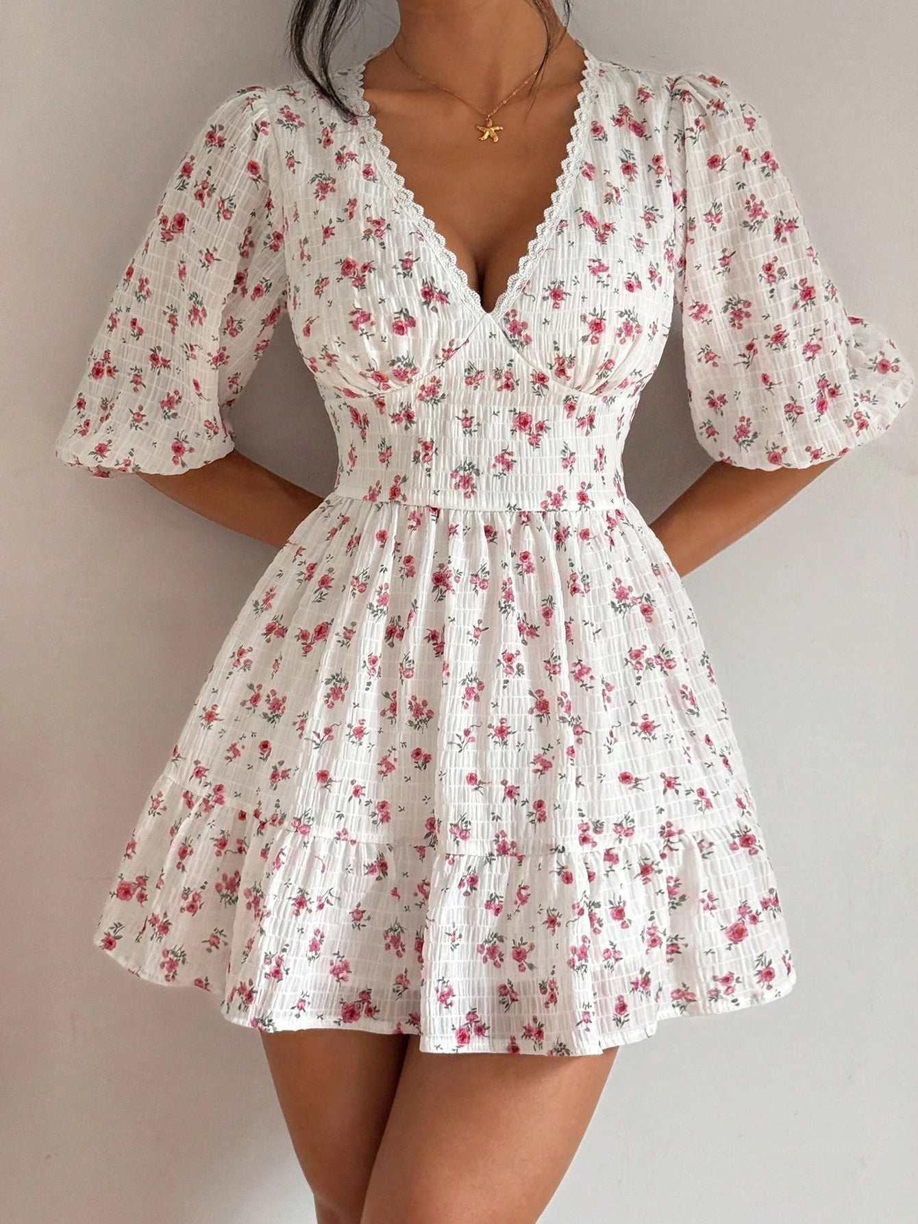 Floral Print V-Neck Ruffle Patchwork Waist Pleated Hem Long Sleeve Dress, Romantic Vacation Style, Spring/Summer