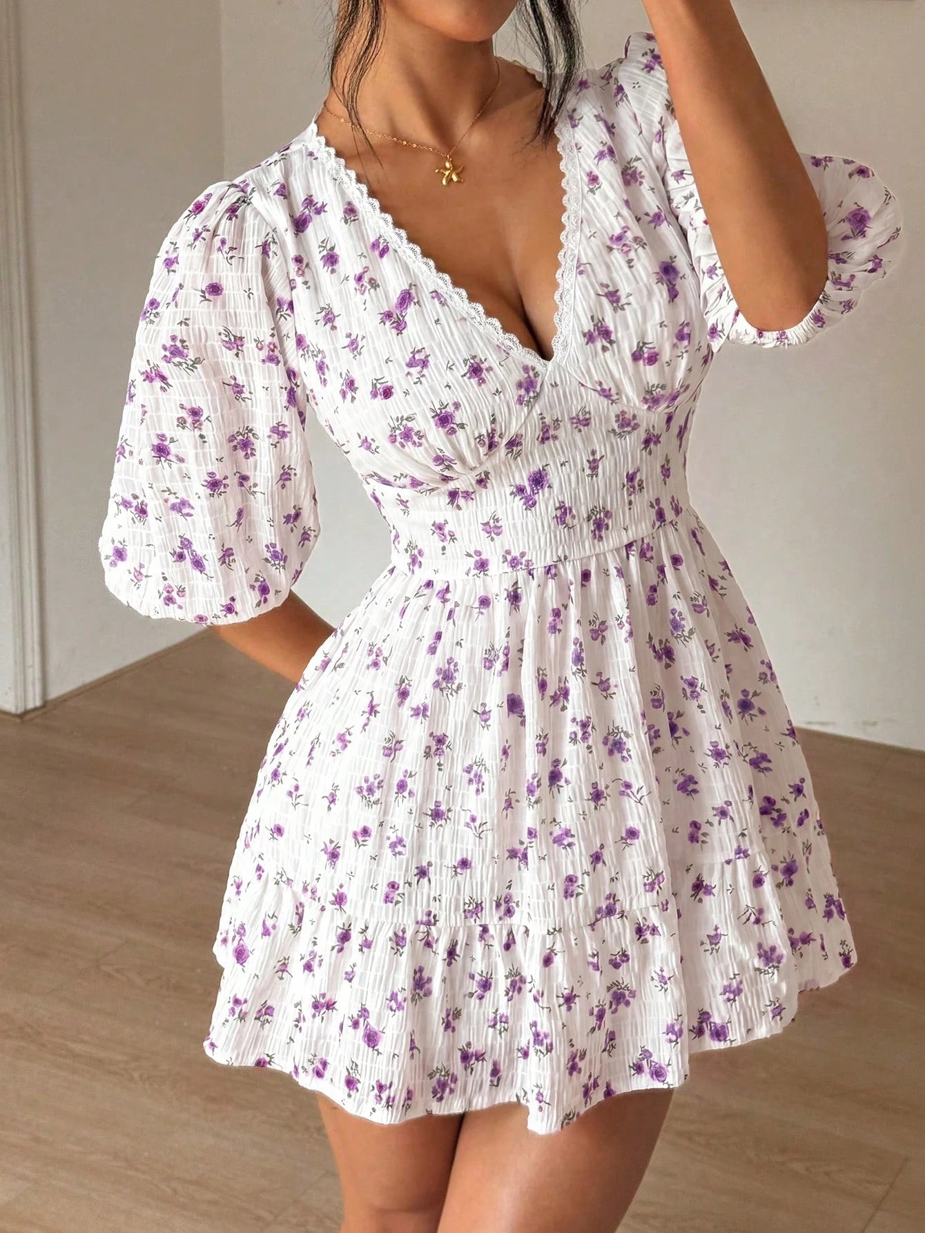 Floral Print V-Neck Ruffle Patchwork Waist Pleated Hem Long Sleeve Dress, Romantic Vacation Style, Spring/Summer
