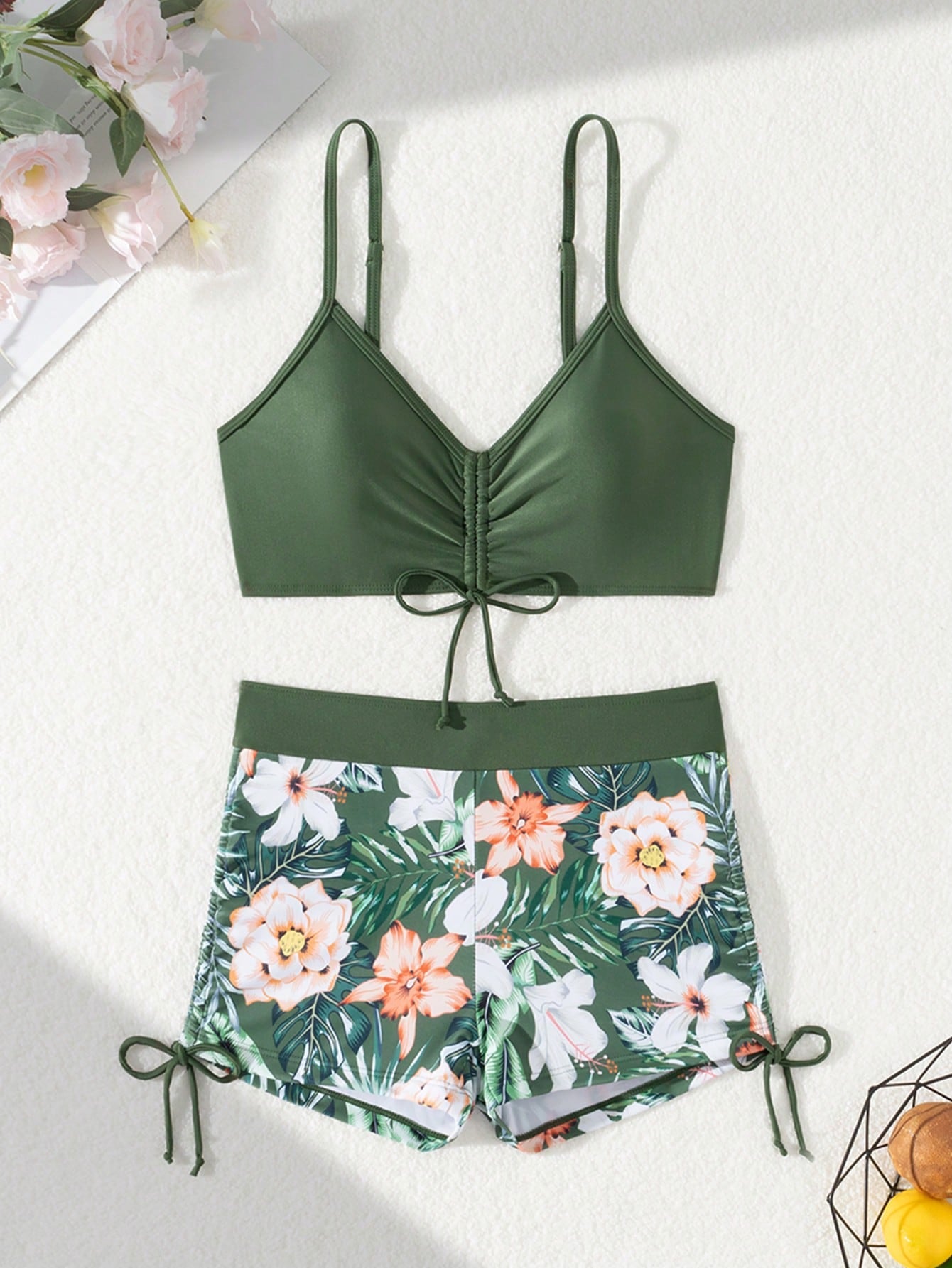Floral Print Wrap-Style Swim Trunks, Suits For Various Occasions Bikini Swimwear 2 Pieces Set, For Summer Beach Vacation Casual