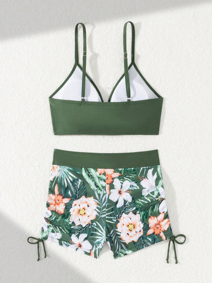 Floral Print Wrap-Style Swim Trunks, Suits For Various Occasions Bikini Swimwear 2 Pieces Set, For Summer Beach Vacation Casual