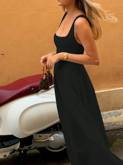 Floreya Solid Color Casual Elegant Woven Fabric Zip Up Dress, Suitable For Evening Date, Party, Wedding, Spring/Summer Black