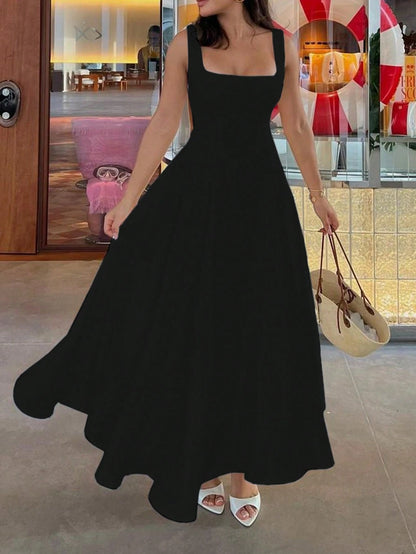 Floreya Solid Color Casual Elegant Woven Fabric Zip Up Dress, Suitable For Evening Date, Party, Wedding, Spring/Summer Black
