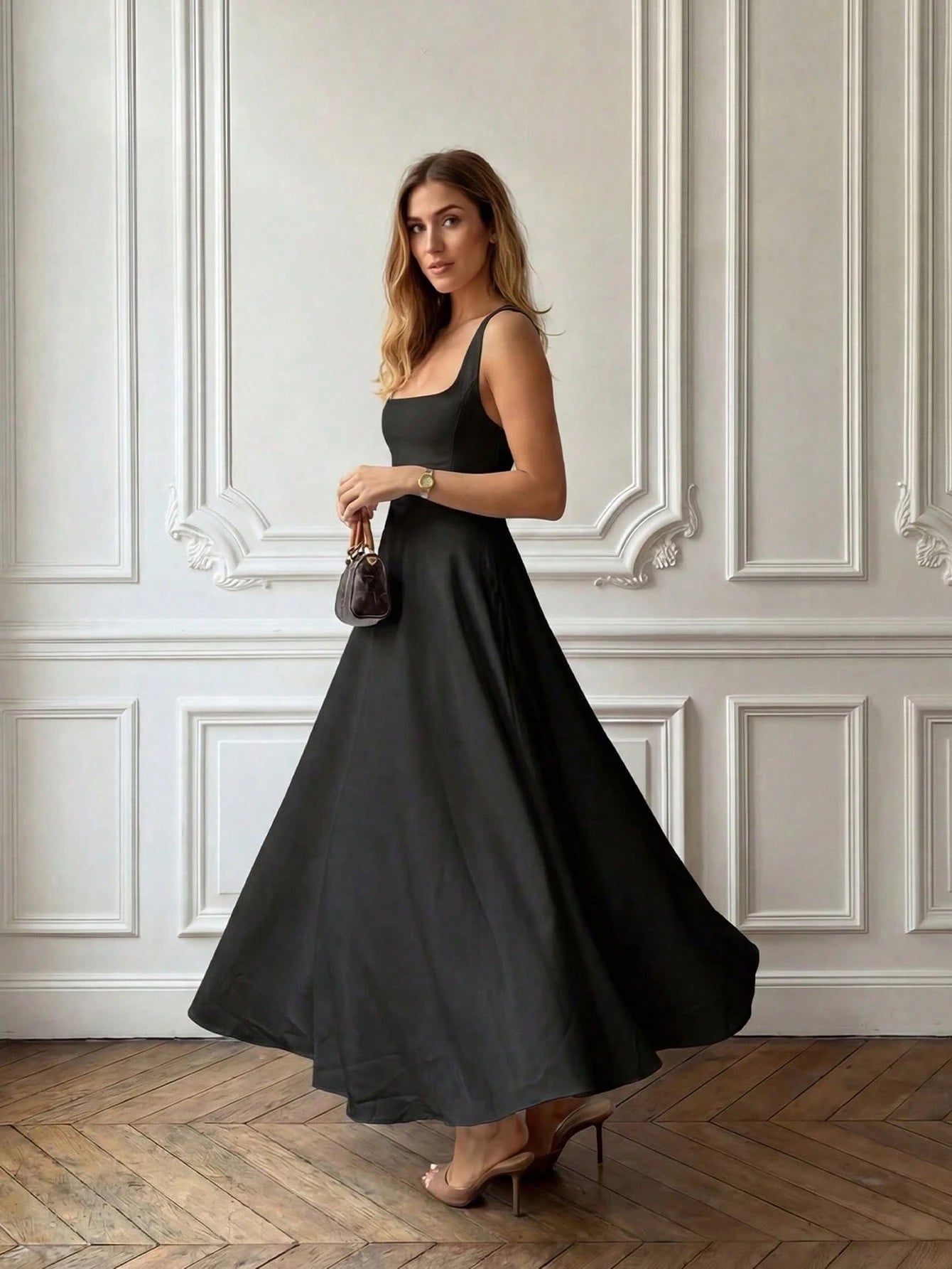 Floreya Solid Color Casual Elegant Woven Fabric Zip Up Dress, Suitable For Evening Date, Party, Wedding, Spring/Summer Black
