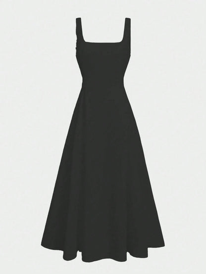 Floreya Solid Color Casual Elegant Woven Fabric Zip Up Dress, Suitable For Evening Date, Party, Wedding, Spring/Summer Black