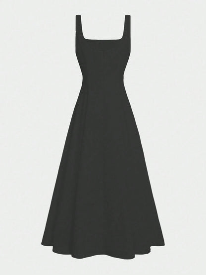 Floreya Solid Color Casual Elegant Woven Fabric Zip Up Dress, Suitable For Evening Date, Party, Wedding, Spring/Summer Black