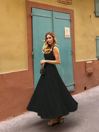 Floreya Solid Color Casual Elegant Woven Fabric Zip Up Dress, Suitable For Evening Date, Party, Wedding, Spring/Summer Black