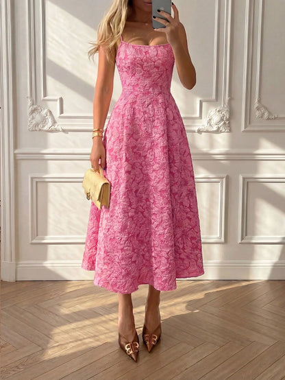 Floreya Summer Elegant Solid Color French Style High-End Elegant Light Dress Waist-Cinching Slim Fit Spaghetti Strap Midi Dress Apricot Dress Party