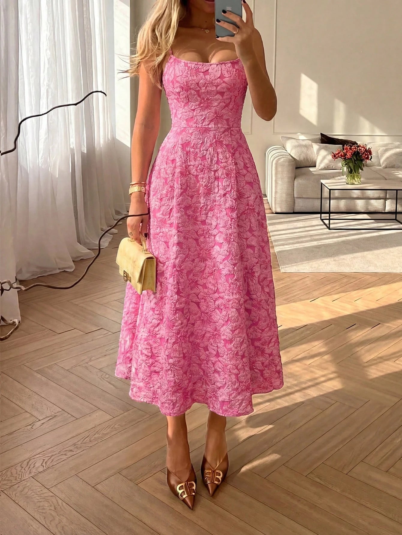 Floreya Summer Elegant Solid Color French Style High-End Elegant Light Dress Waist-Cinching Slim Fit Spaghetti Strap Midi Dress Apricot Dress Party