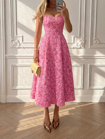 Floreya Summer Elegant Solid Color French Style High-End Elegant Light Dress Waist-Cinching Slim Fit Spaghetti Strap Midi Dress Apricot Dress Party
