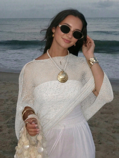 FOR BEAUTY Summer Y2K Women's White Solid Color Sun Protection Shawl Front Tie Beach Cover-Up Bohemian Style Vacation Resort Casual Fashion Top
