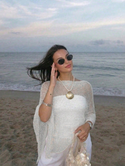 FOR BEAUTY Summer Y2K Women's White Solid Color Sun Protection Shawl Front Tie Beach Cover-Up Bohemian Style Vacation Resort Casual Fashion Top