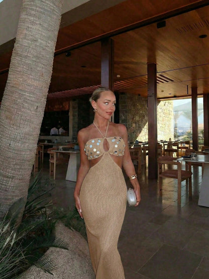 FOR BEAUTY Women's Summer Bohemian Style Sequin Camel Color Strapless Dress, Beach Vacation Dress, Summer Dress