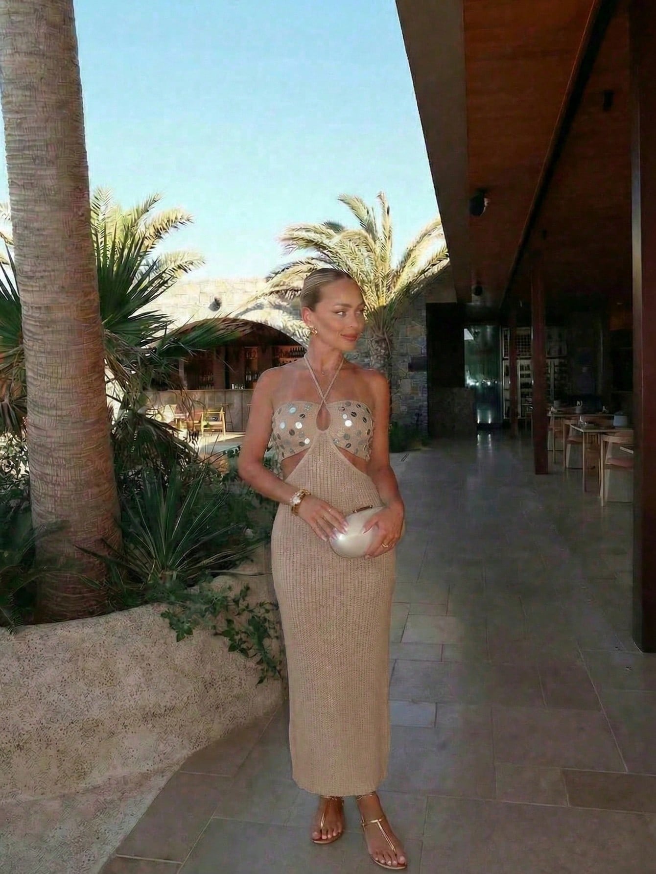 FOR BEAUTY Women's Summer Bohemian Style Sequin Camel Color Strapless Dress, Beach Vacation Dress, Summer Dress