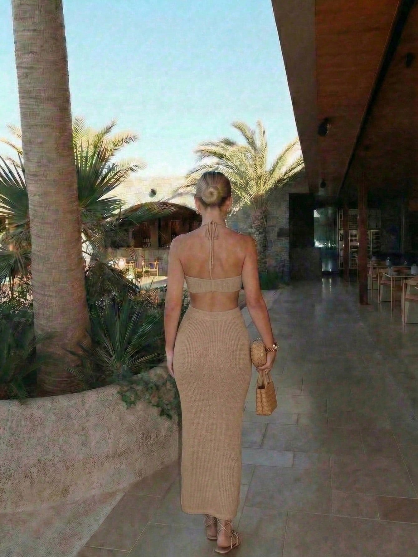 FOR BEAUTY Women's Summer Bohemian Style Sequin Camel Color Strapless Dress, Beach Vacation Dress, Summer Dress