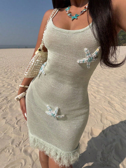 FOR BEAUTY Women's Y2K Green Spaghetti Strap Dress, Starfish Print Tassel Hem, Sexy Backless, Suitable For Beach Party Or Vacation Summer, Coastal Style