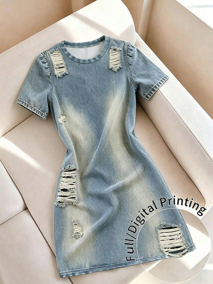 Franclia 2026 Spring/Autumn/Winter Women's Casual Fashion Basic Blue Round Neck Long Sleeve Slim Fit Mini Dress, Suitable For Autumn/Winter Outings