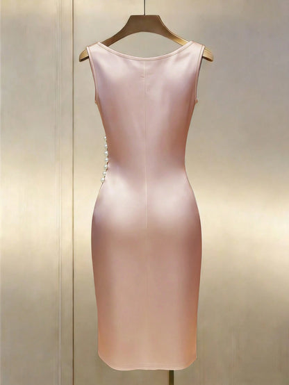Franclia Champagne Satin Cowl Neck Sleeveless Fitted Dress