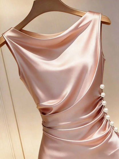 Franclia Champagne Satin Cowl Neck Sleeveless Fitted Dress