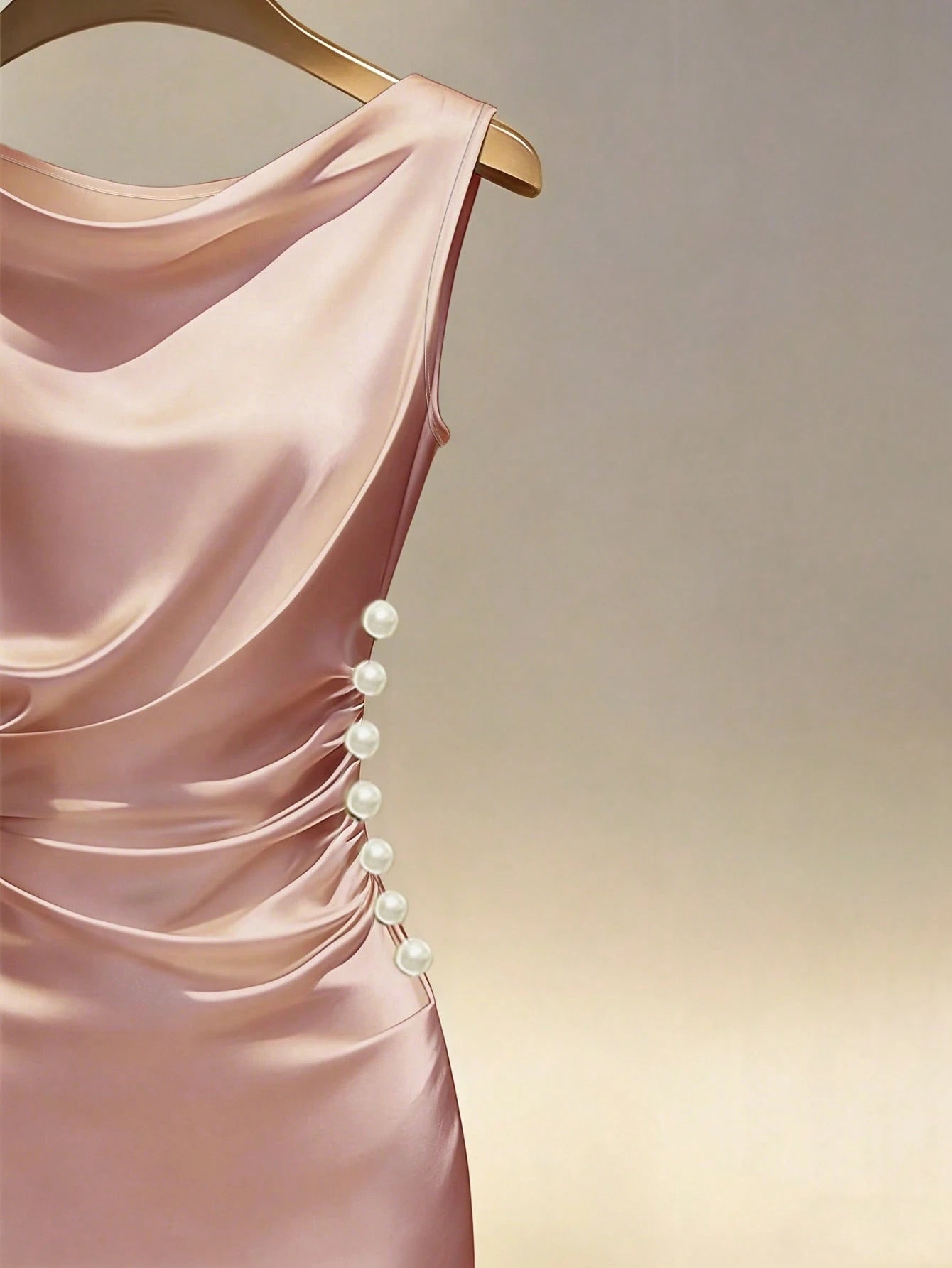 Franclia Champagne Satin Cowl Neck Sleeveless Fitted Dress